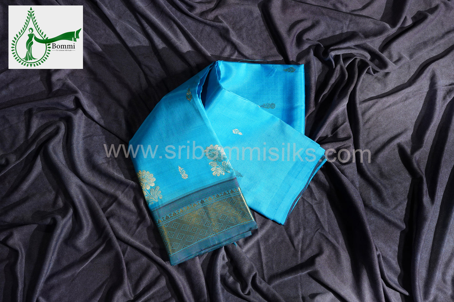 Sky Blue Colour One Side Pure Silk Saree with border feet butta and rich pallu