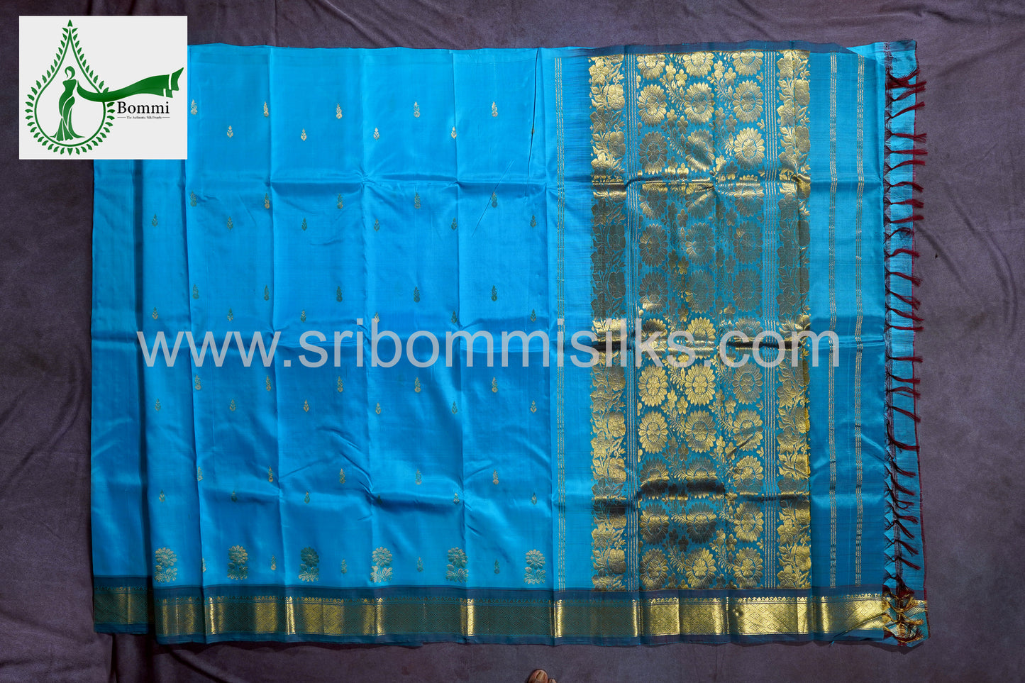 Sky Blue Colour One Side Pure Silk Saree with border feet butta and rich pallu