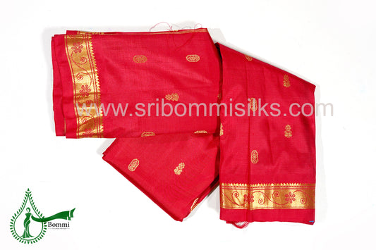 Crimson Red Color Pure Silk Saree with small buttas and Rich Pallu and Double Side Border