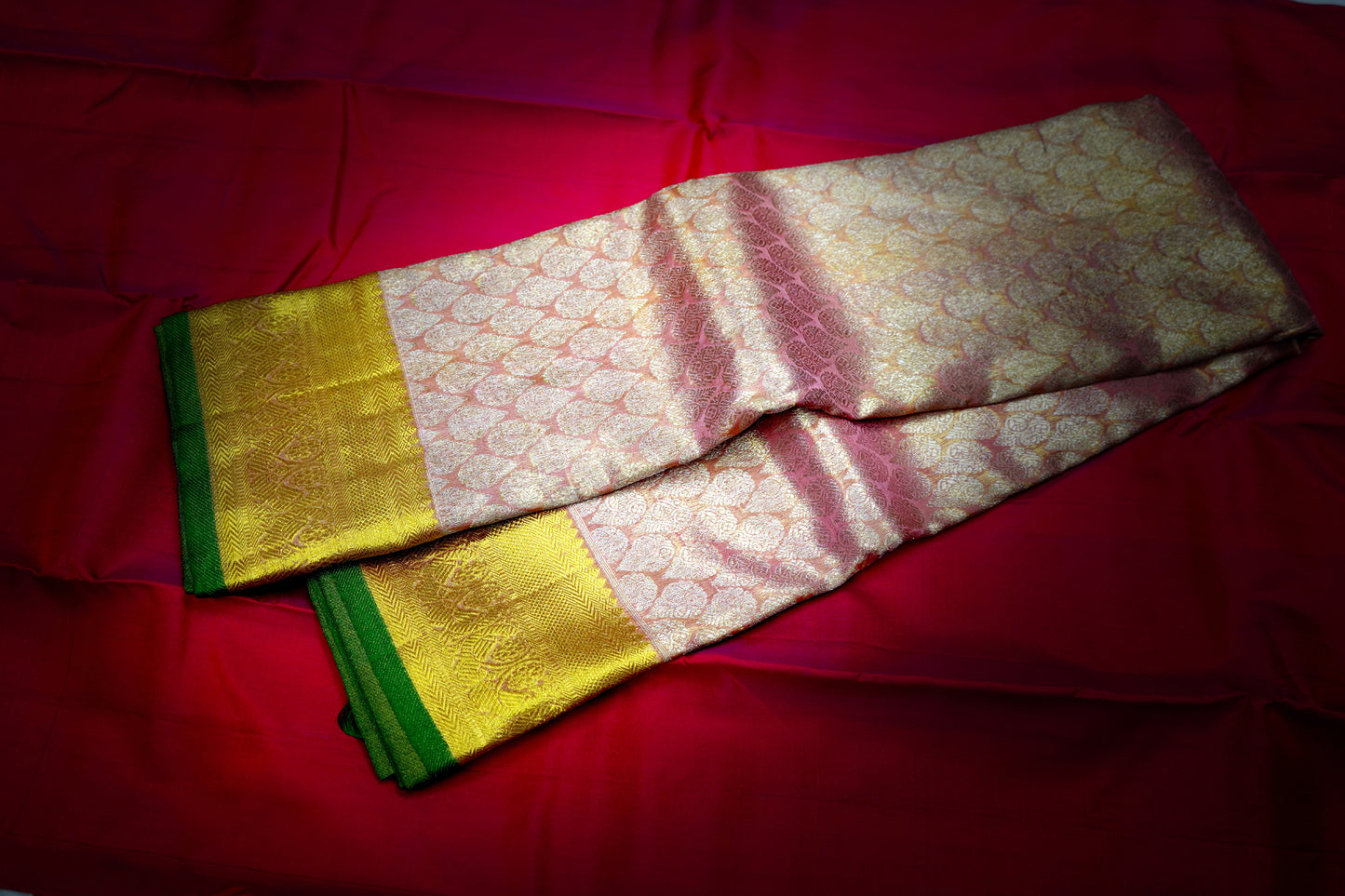 Kanchipuram Silk Saree Light Pastel Colour with Thilagam design and Green colour border Grand Tissue Silk Saree