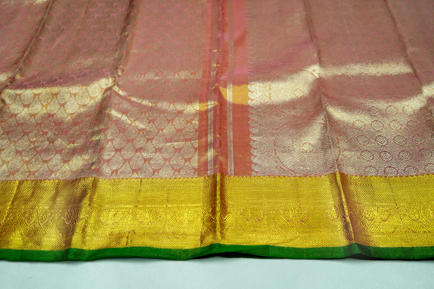 Kanchipuram Silk Saree Light Pastel Colour with Thilagam design and Green colour border Grand Tissue Silk Saree