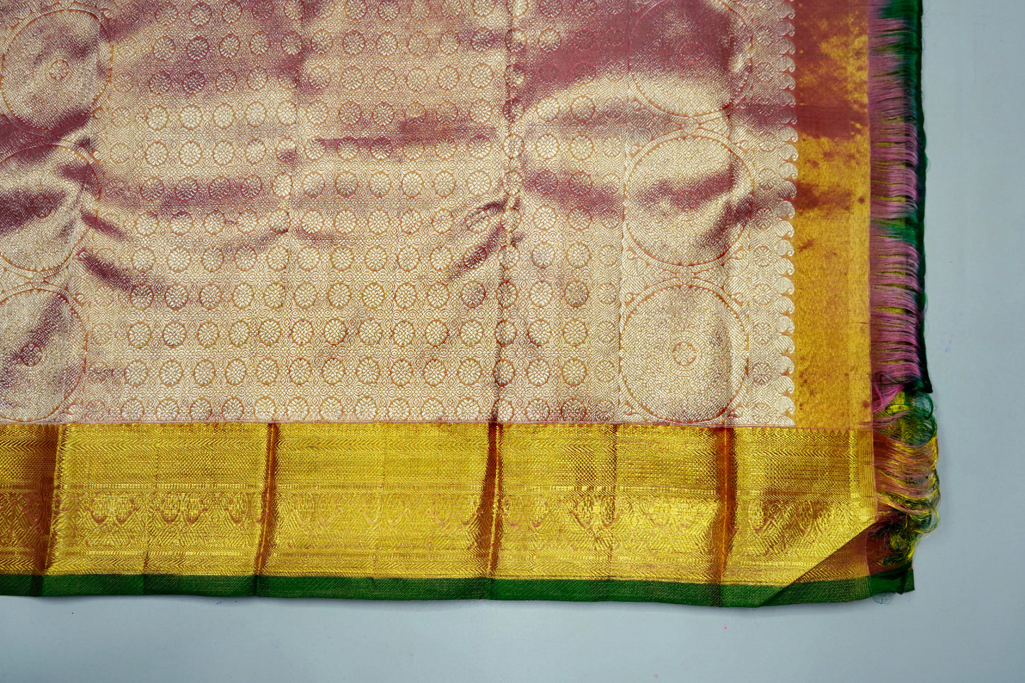 Kanchipuram Silk Saree Light Pastel Colour with Thilagam design and Green colour border Grand Tissue Silk Saree