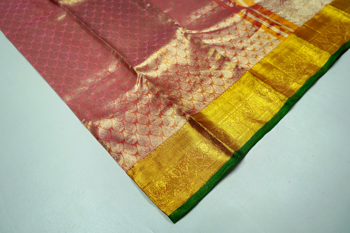 Kanchipuram Silk Saree Light Pastel Colour with Thilagam design and Green colour border Grand Tissue Silk Saree