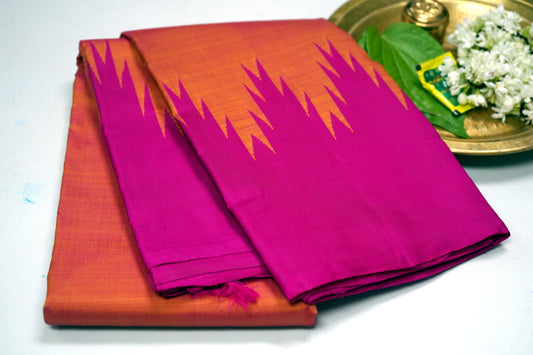 Gold Colour Kanchipuram Pure Silk Saree with Contrast Magenta colour double side temple border without zari