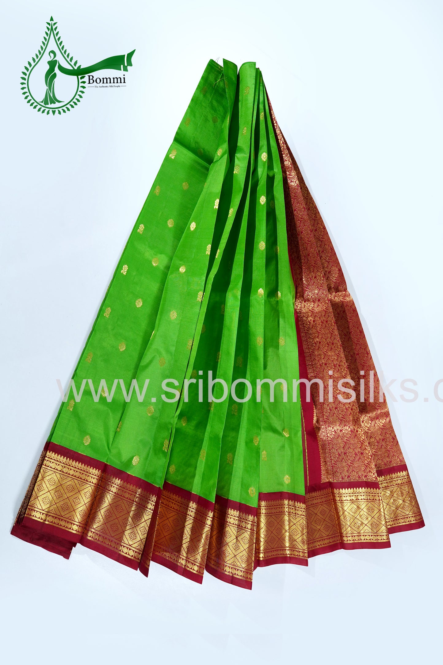 Lotus Leaf Green Color Kanchipuram Korvai Traditional One Side Pure Silk Saree with Crimson Red Contrast Border Rich Pallu and small fancy butta