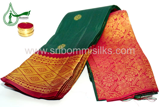 Bottle Green Color Kanchipuram Korvai Traditional One Side Pure Silk Saree with Crimson Red Contrast Border Rich Pallu and small fancy butta